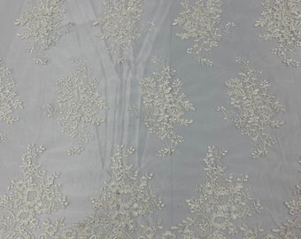 Ivory Floral Embroidered Lace Fabric, Scalloped Edge, Bridal Gown