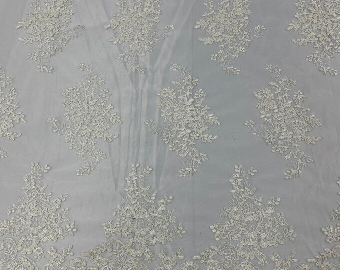 Ivory Floral Lace Fabric, Embroidery on a Mesh Lace Fabric By The Yard For Gown, Wedding-Bridal-Dress