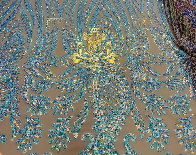 Iridescent aqua Sequin Damask Design on a 4 Way Stretch Sequin Fabric Spandex Mesh-Prom-Gown By The Yard