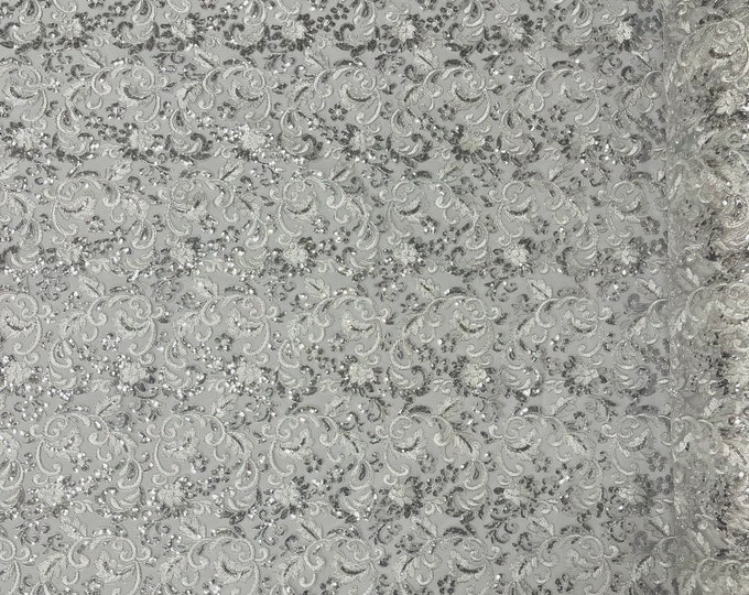 Metallic Silver Floral Lace Fabric By The Yard, Embroidery With Sequins on White Mesh Lace Fabric, Corded sequins Lace