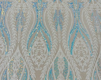 Iridescent Sequin Fabric: White & Blue Damask, 4-Way Stretch