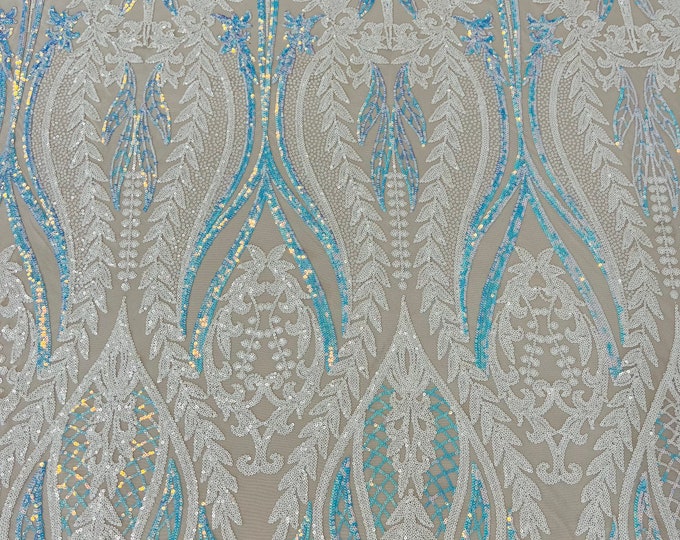 White/Blue Iridescent Sequins Fabric by the yard (Pick a Size) Tow Tone 4 Way Stretch Damask Design Sequin Fabric