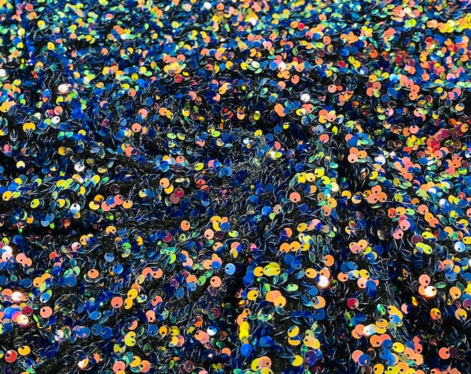 Iridescent Sequin Fabric on Black Stretch Velvet - by the yard - all Over 5mm Sequins Velvet 2-way Stretch 58/60”