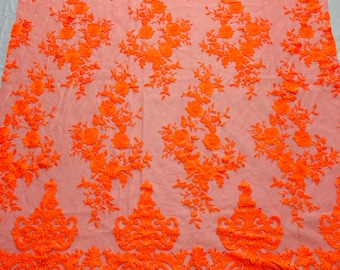 Neon Orange Damask Embroidered Lace Fabric, Floral Bridal Wedding Dress Lace, By The Yard