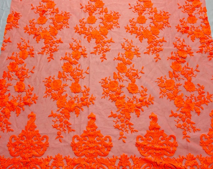 Neón Orange Damask Design Embroidered on Mesh Lace Fabric, Floral Bridal Lace Wedding Dress by the Yard (Pick a Size)