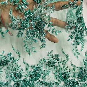 Mint Green Beaded Embroidered Lace Fabric: Bridal Wedding Dress