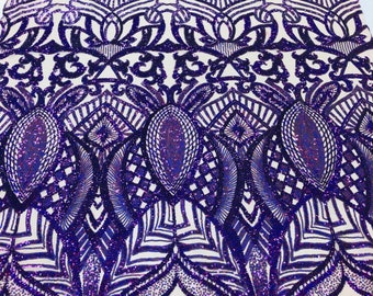 Holographic Purple Sequins Lace Fabric, Royalty Design, Blush Mesh