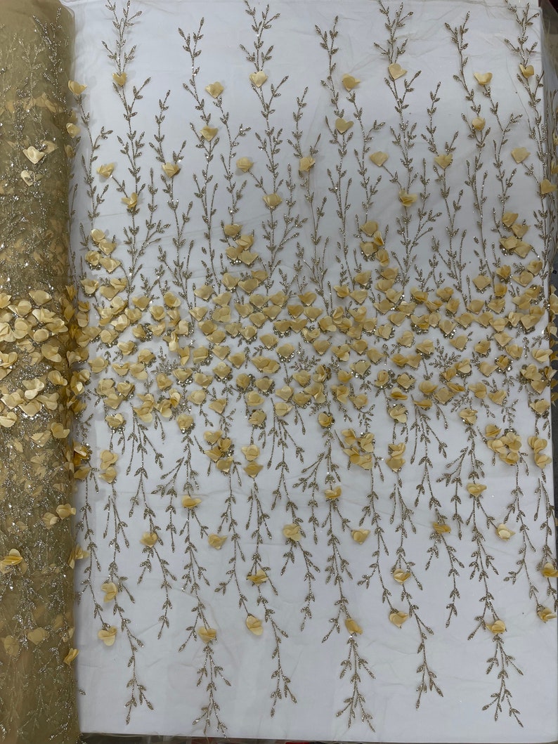 Gold 3D Flower Glitter Sequin Fabric by the Yard, Gold 3D Floral ...