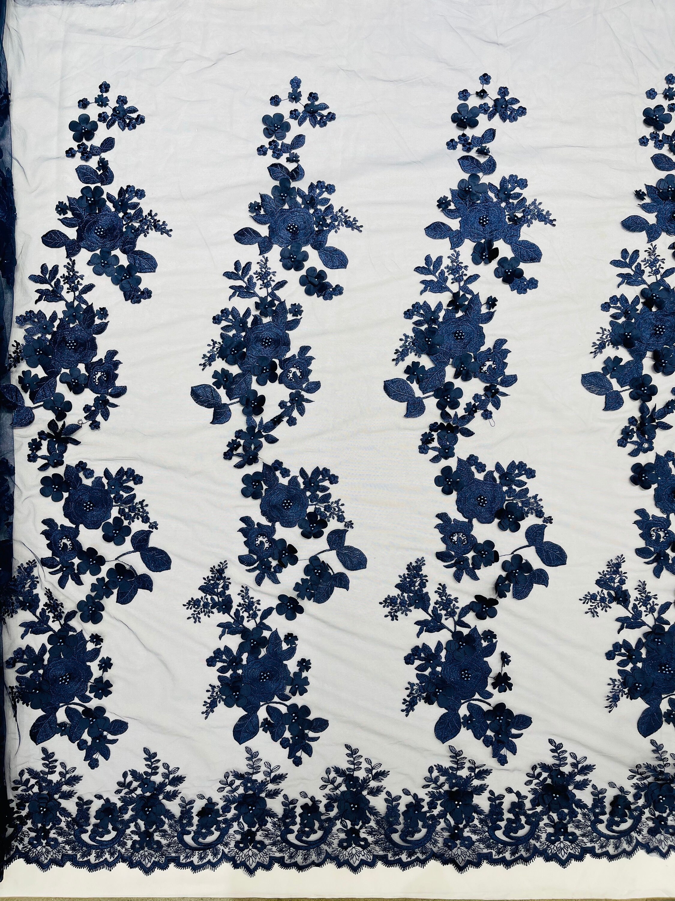 Navy Blue 3D Floral Lace Fabric With Pearls - Bridal Wedding Lace - Etsy