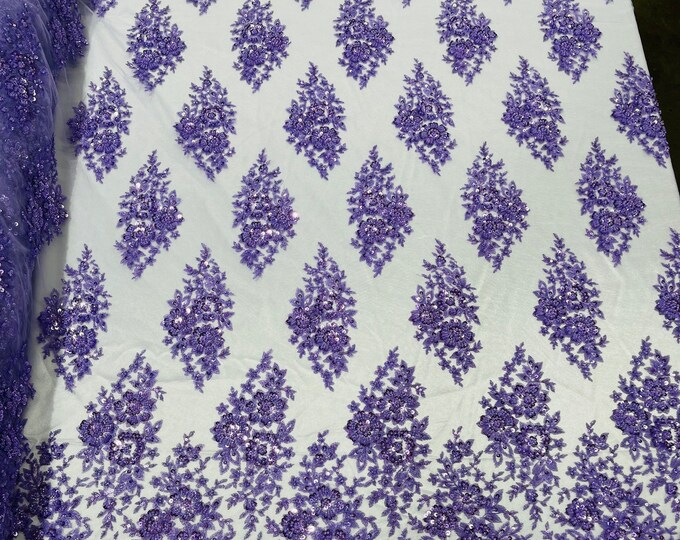 Lavender Floral Cluster Beaded Fabric - Sold By The Yard - Embroidered Flower Beaded Fabric Wedding Bridal