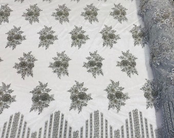 Silver Beaded Floral Lace Fabric, Hand Embroidered Mesh, Bridal Dress By The Yard