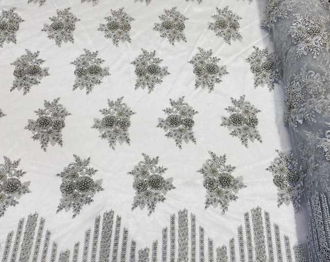 Silver Beaded Fabric, Hand Embroidered Lace Bridal Floral On a Mesh Dress Fabric with Beads By The Yard