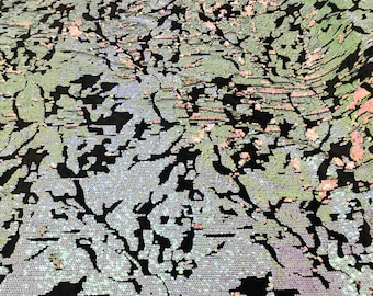 Iridescent Aqua/Pink Sequin Black Stretch Velvet Fabric - 60"