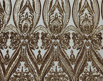 Gold Sequin Fabric - 4 Way Stretch Fancy Big Damask Design Sequins on Spandex Mesh Prom Gala Gown Fabric By The Yard