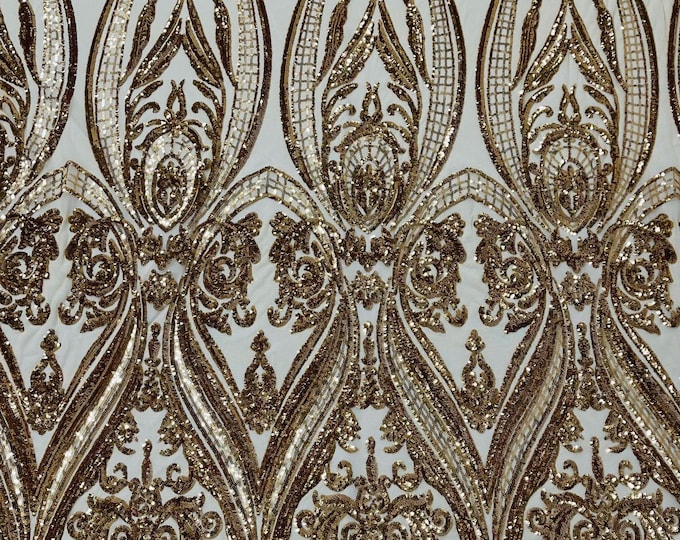 Gold Sequin Fabric - 4 Way Stretch Fancy Big Damask Design Sequins on Spandex Mesh Prom Gala Gown Fabric By The Yard