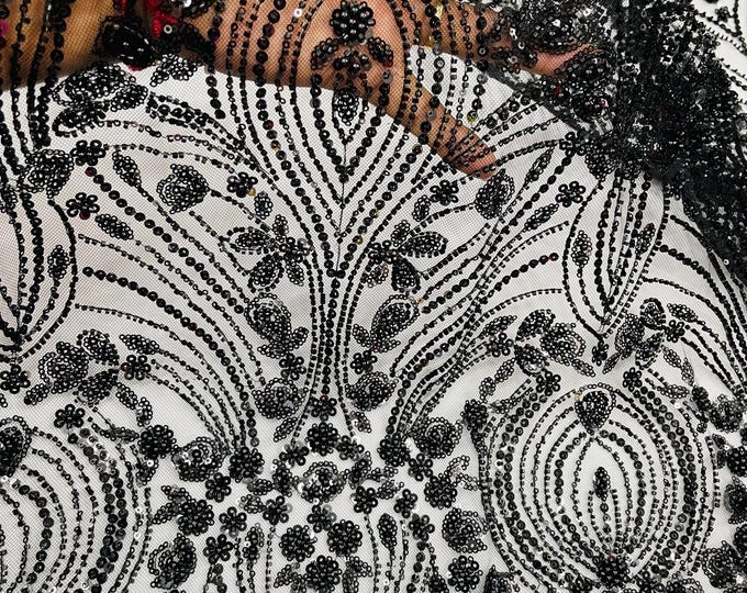 Black Fashion Design Beads and Sequins, Luxury Beaded Fabric Embroidered on a Mesh Lace,Wedding,Bridal,Dress Sold By The Yard