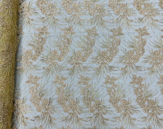 Metallic Champagne Corded Floral Lace Fabric, by the yard - Embroidery With Sequins on a Mesh Lace Fabric For Gown, Wedding-Bridal