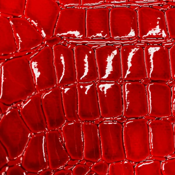 Red Vinyl Faux Fake Leather Pleather Embossed Shiny Alligator Fabric - By The Yard Upholstery Purses Shoes Wallets Belts