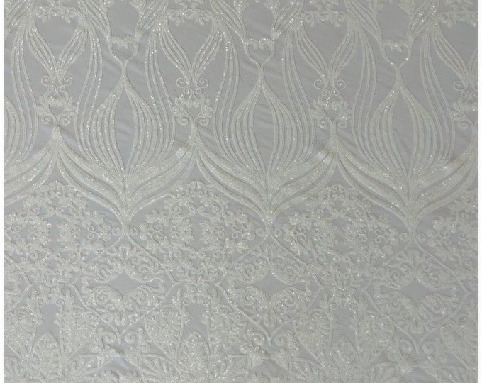 White Sequin Fabric by the yard - Damask Design on a Mesh 4 Way Stretch Sequins Fabric Prom-Gown
