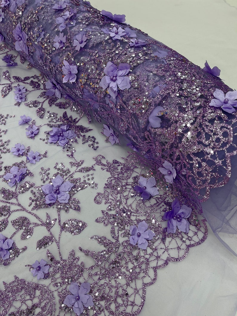 Lilac 3D Flower Glitter Sequin Fabric by the Yard, 3D Floral Glitter ...