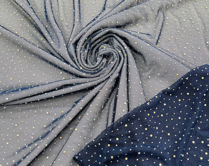 Navy Blue | AB Rhinestones Fabric On Navy Power Mesh Polyester Spandex Fabric With Crystal Stones | AB Rhinestones Fabric sold by the yard