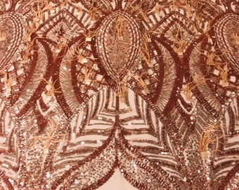 Rose Gold Sequin Fabric – Wing Feather Fringe, 4-Way Stretch Mesh, Prom Gown
