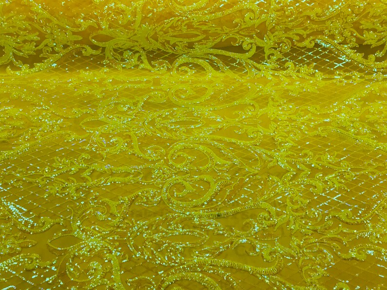 Iridescent Yellow Sequin Fabrics Damask Design 4way Stretch Etsy