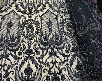 Navy Beaded Fabric - by yard - Embroidered Damask Pattern With Pearls and Beads on Mesh Lace Fabric Wedding