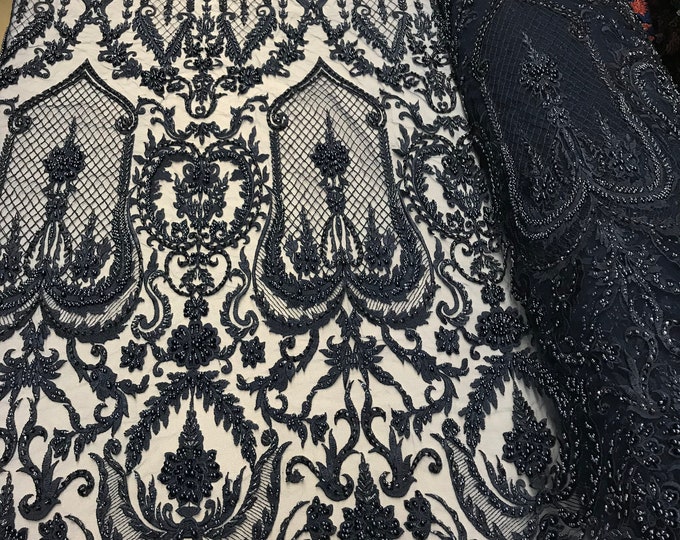 Navy Beaded Fabric - by yard - Embroidered Damask Pattern With Pearls and Beads on Mesh Lace Fabric Wedding