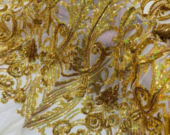 Gold Holographic Sequin Fabric, Selena Damask 4-Way Stretch Lace Mesh, Gown Fabric