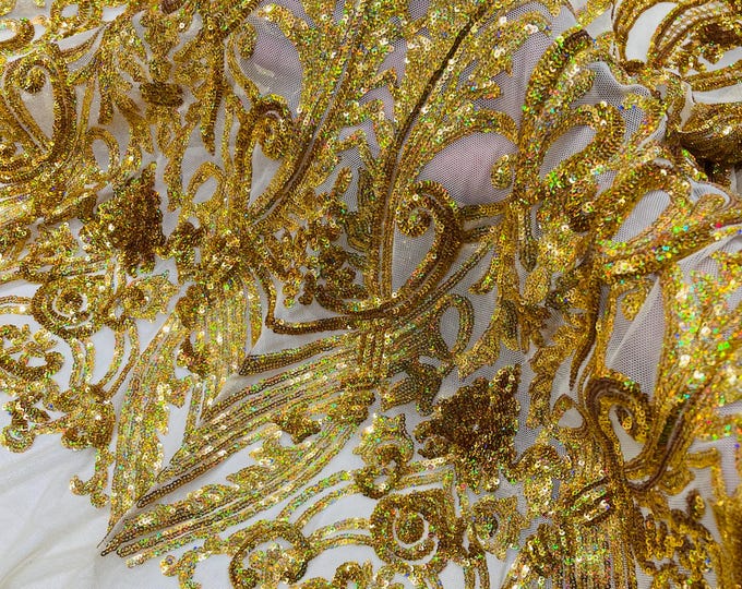 Gold Holographic Sequin Fabric, Selena Damask 4-Way Stretch Lace Mesh, Gown Fabric