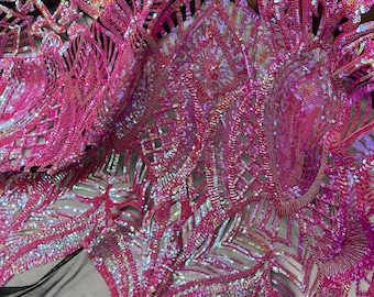 Iridescent Fuchsia Sequins Lace Fabric, Royalty Design Embroidered Black Mesh