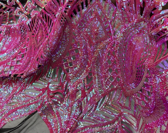 Iridescent Orange/Fuchsia Sequins Lace Fabric On Black Mesh, Royalty Design Embroidered 4way Stretch Sequin By Yard -Prom-Gown