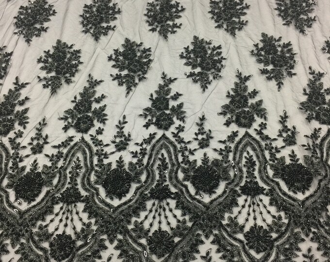 Black Beaded Fabric - by the yard - Embroidered With Pearls and Beads on Mesh Lace Fabric Wedding Bridal
