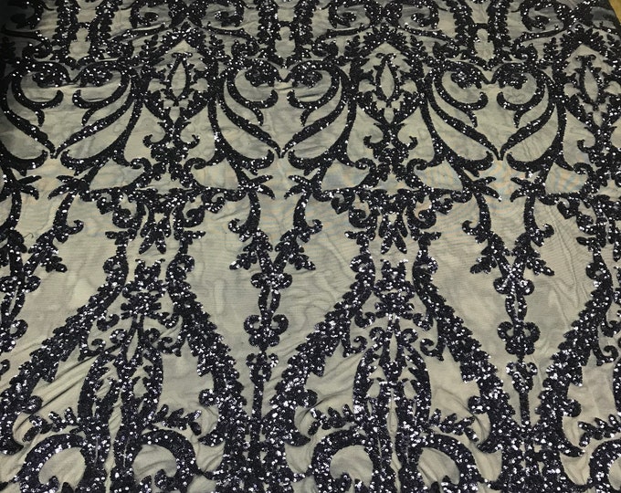 Navy Sequins Lace Fabric, DAMASK Design Embroidered on a Mesh 4 way Stretch Sequin By The Yard -Prom-Gown ( Choose The Size )