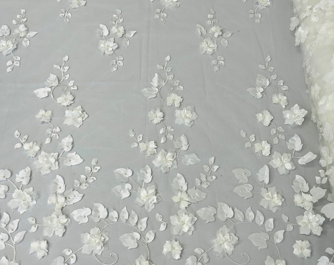 Ivory 3D Floral Design Embroider and Beaded With Pearls On a Mesh Lace-Prom-Dress By The Yard