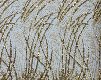 Gold Beaded Fabric Sold By The Yard, Fashion Design Beads and Sequins, Beaded Fabric Embroidered on a Mesh Lace,Wedding,Bridal,Dress