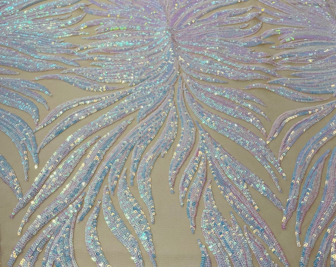Aqua/pink Iridescent Sequin, Nude Mesh -  4 Way Stretch Phoenix Wing Sequin Spandex Mesh Fabric for Prom Gala Gown Sold By Yard