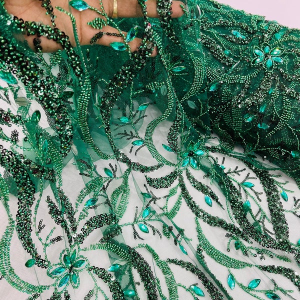 Hunter Green Floral Leaf Pattern Beaded Fabric - Embroidered Beaded Rhinestone on a Mesh Wedding Bridal Fabric, Sold By The Yard