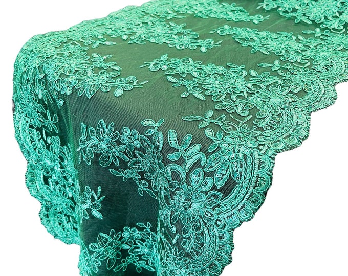 Hunter Green Floral Lace Fabric For Runner 14” Inch - by the yard - Embroidery With Sequins on a Mesh Lace Fabric For Wedding