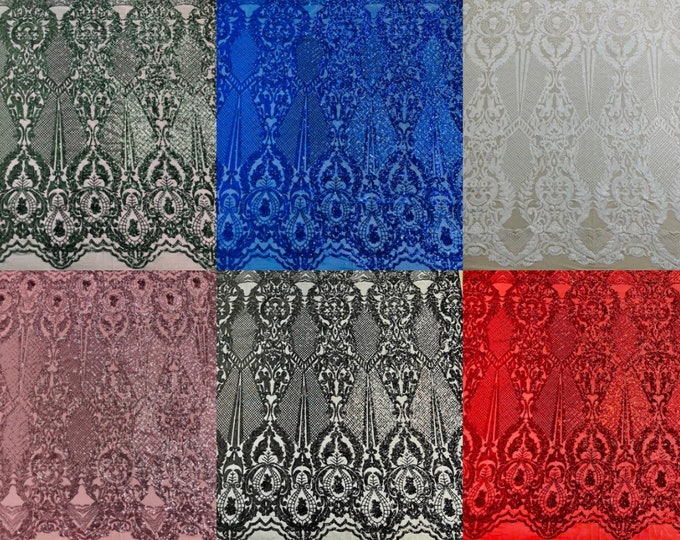 Mia Fabrics Inc, Sequins Fabric on a Mesh, DAMASK Design Embroidered on a Mesh 4 way Stretch Sequin By The Yard ( Choose The Color )