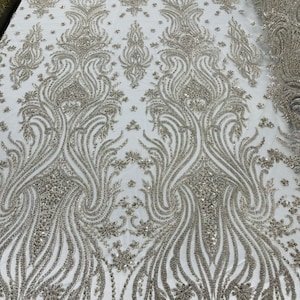 Taupe Floral Design - by the yard - Beaded Fabric, Embroidered With Pearls and Beads on Mesh Lace Fabric
