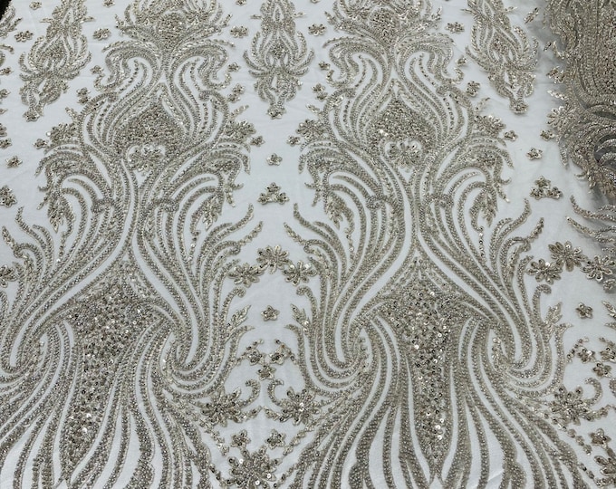 Taupe Floral Design - by the yard - Beaded Fabric, Embroidered With Pearls and Beads on Mesh Lace Fabric
