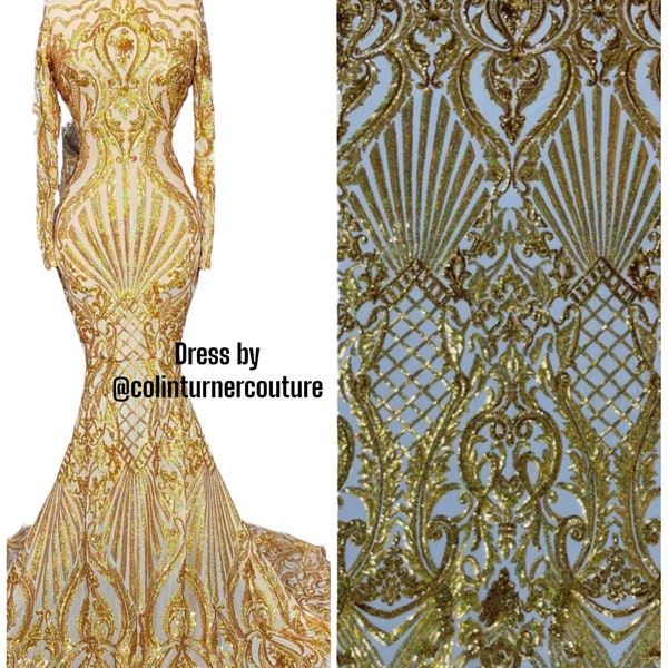 Gold Holographic Sequin Fabric, Selena Damask Design on a 4 Way Stretch Sequin Lace Mesh - Prom Gala Gown Fabric By Yard