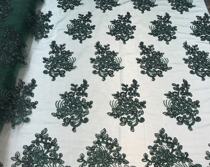 Flower Lace Fabric - Hunter Green Floral Clusters Embroidered Lace Mesh Fabric Sold By The Yard