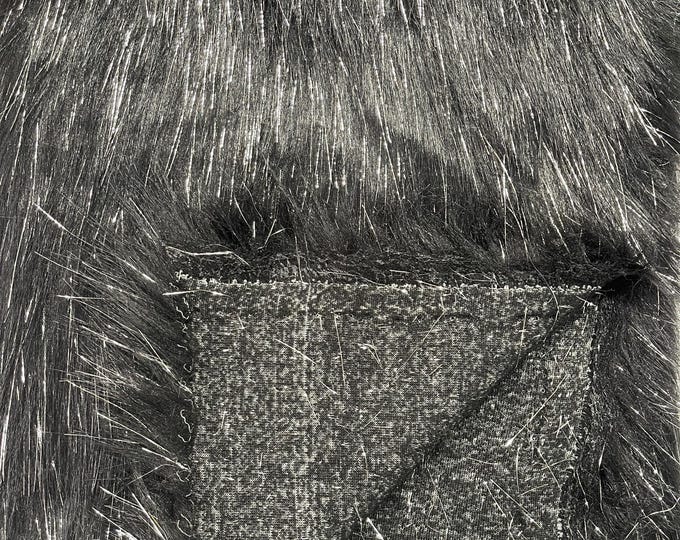 Black Tinsel Shaggy Long Pile Faux Fur Fabric By The Yard, Luxury Shaggy With Metallic Tinsel Strands, Costume, Apparel, Decoration 60" Wide
