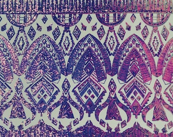 Iridescent Purple Sequin Fabric: Aztec Embroidery Design, 4-Way Stretch, By The Yard
