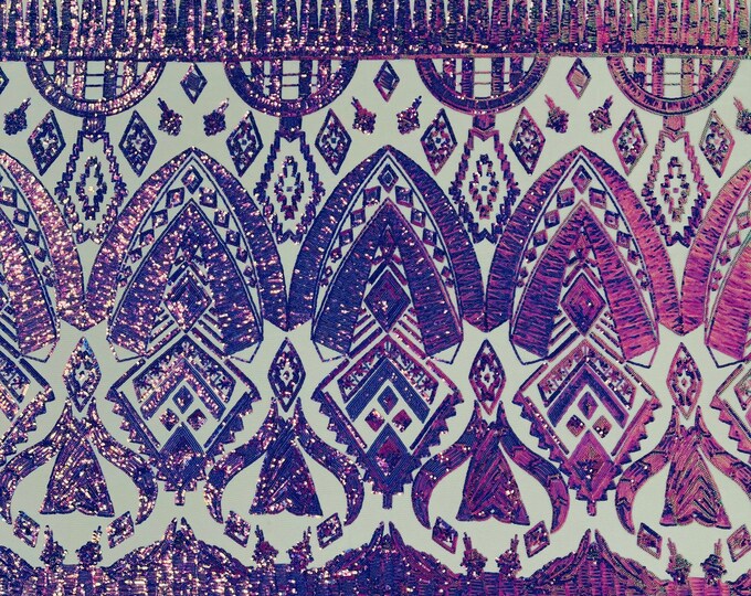 Lavender/Purple Iridescent Sequin Aztec Multi-Color Design 4 Way Stretch Embroidery With Sequin Mesh Fabric by Yard