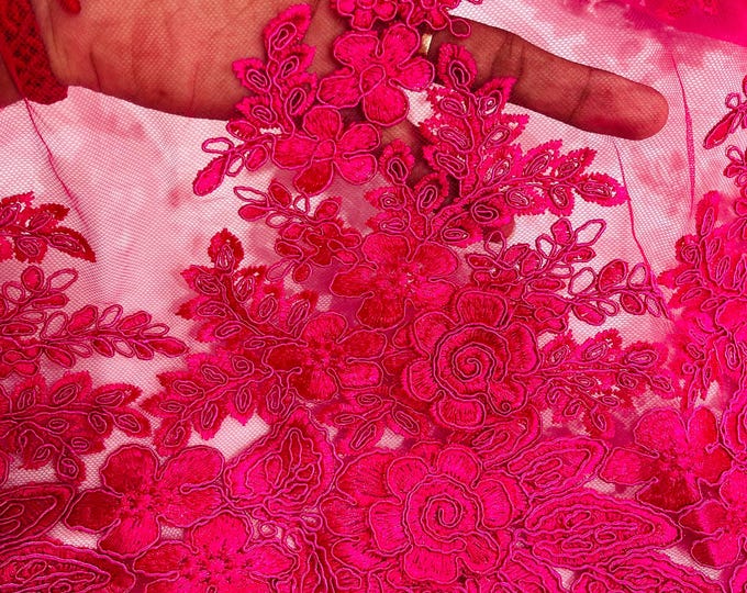 Fuchsia 3D Flower Embroidery Lace Fabric By The Yard, Corded 3D Flower Embroidery Lace Fabric on a Mesh Lace Fabric For Wedding-Bridal-Dress