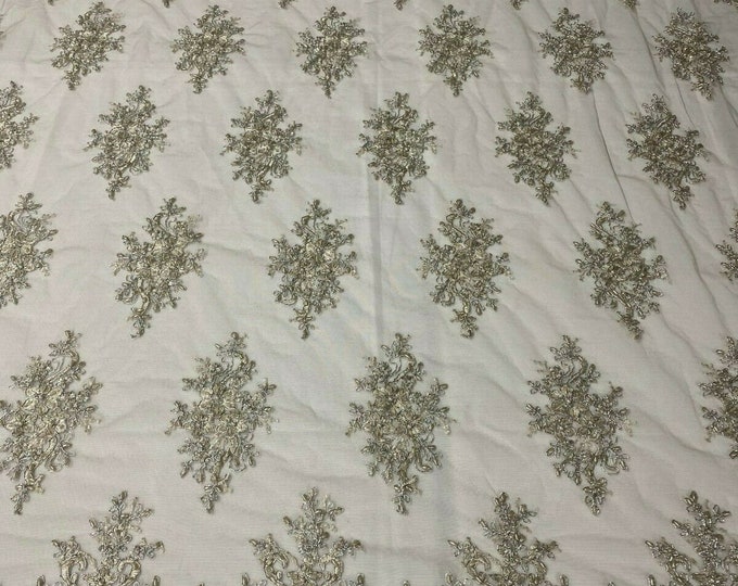 Silver / Metallic Cluster Bead Fabric - Embroidered Flower Beaded Fabric Wedding Bridal Sold By Yard